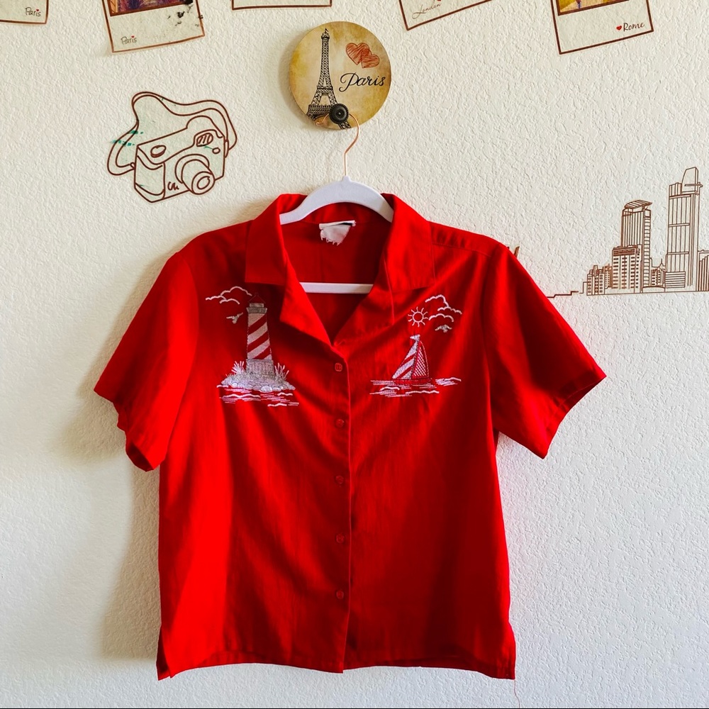 BonWorth Red Silver Boat Print Detail Short Sleeve Button Up Shirt Size Small
